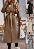 Women Solid Turndown Collar Long Sleeve Lace-Up Coat