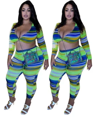 Plus Size Women Sexy Printed Striped Long Sleeve Top and Pants Two-piece Set