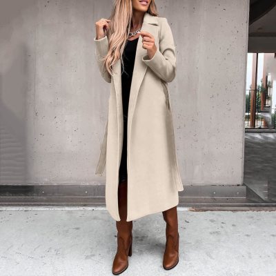 Women Solid Turndown Collar Long Sleeve Lace-Up Coat