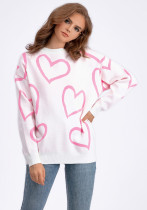 Women Round Neck Heart Print Contrast Sweater