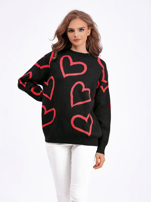 Women Round Neck Heart Print Contrast Sweater