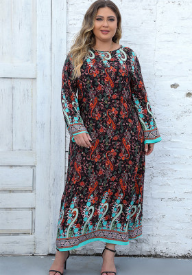Plus Size Women Casual Long Sleeve Printed Bohemian Dress
