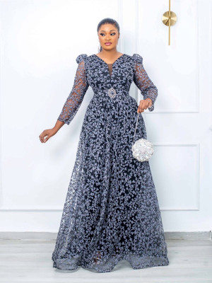 Plus Size Women Printed Mesh Elegant Maxi Dress