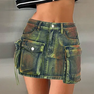 Distressed Multi-Pocket High-Waist Denim Mini Skirt Asymmetrical Leg-Length A-Line Skirt