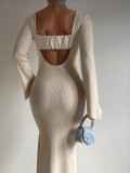 Autumn And Winter Shionable Low Back Round Neck Long-Sleeved Knitting Dress For Women