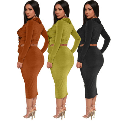 Women's Autumn And Winter Ruffled Long Sleeve Crop Top Slim Skirt Sexy Two Piece Set