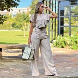 Women's Autumn Fashion Turndown Collar Pocket Short Sleeve Shirt Wide Leg Pants Casual Two Piece Set