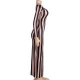 Women Autumn Long Sleeve Striped Print Backless Bodycon Dress