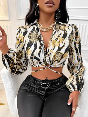 Women Printed Lace-Up Long Sleeve Shirt
