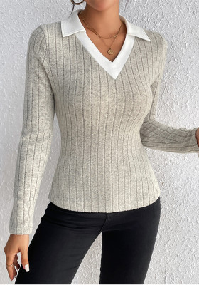 Autumn Women long sleeve knittingv collar knitting Basic Top