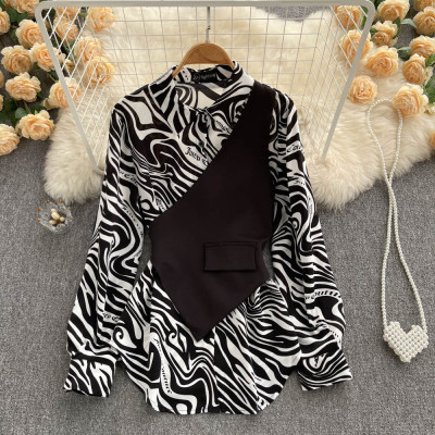 Women Long Sleeve Loose Striped Patchwork Fake Two-Piece Shirt