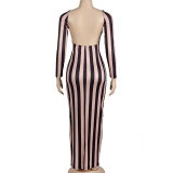 Women Autumn Long Sleeve Striped Print Backless Bodycon Dress