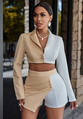 Women Turndown Collar Contrast Color Crop Blazer and Skirt Two-piece Set