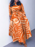 Plus Size Women Autumn and Winter Chic Lace-up Printed Maxi Dress