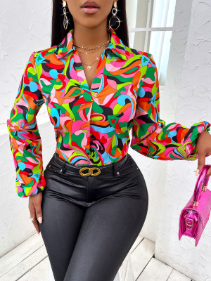 Women Printed Turndown Collar Trendy Long Sleeve Shirt