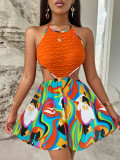 Sexy Printed Women's Summer Hollow Bright Color Halter Neck Jumpsuit
