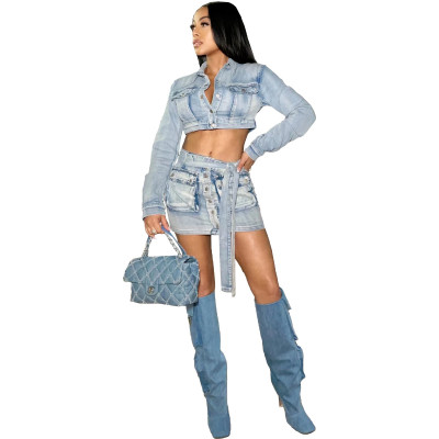 Fashion Washed Denim Belt Pocket Two Piece Skirt Suit