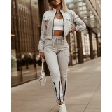 Women's Zipper Long-Sleeved Top Drawstring Pants Casual Two-Piece Suit