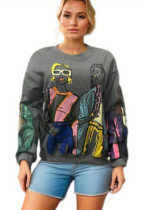 Autumn And Winter Women's Warm Fleece Round Neck Loose Printed Sweatshirt