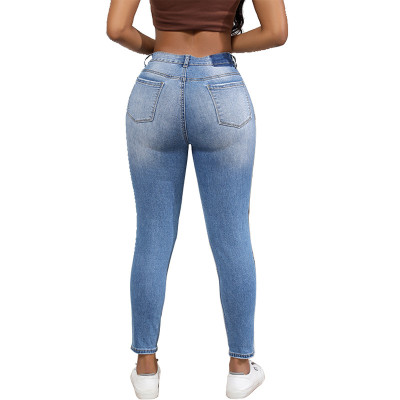 Plus Size Women's Autumn Elastic High Waist Vintage Washed Ripped Tight Fitting Denim Pants