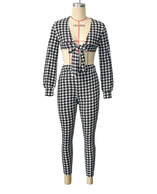 Women's Plus Size Long-Sleeved Fashion Casual Houndstooth Two Piece Pants Set
