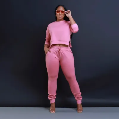 Plus Size Women's Autumn Solid Color Zipper Slit Casual Two-Piece Pants Set