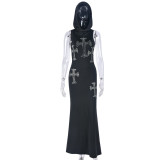 Women Cross Hot Rhinestone Style Hooded Sleeveless Maxi Dress