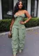 Women Sexy Strapless Single Breasted Pocket Cargo Jumpsuit