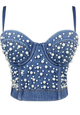Women Camisole Pearl Fitted Sexy Denim Bra Vest Shaping Corset Top