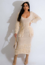 Women sexy knitting Crochet fringed dress (with pockets)
