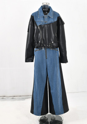 Autumn And Winter New Denim Patchwork Pu Jacket + Super Wide-Leg Pants Two-Piece Set