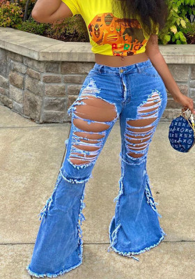Women's Fall/Winter Style Front And Back Ripped Denim Bell Bottom Pants