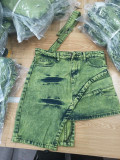 Trendy Belt Style Green Denim Skirt Women's Irregular Short Skirt