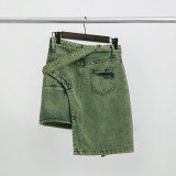 Trendy Belt Style Green Denim Skirt Women's Irregular Short Skirt