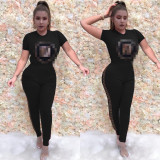 Women's Sequined Short Sleeve Top Casual Pants Set Two Piece Set