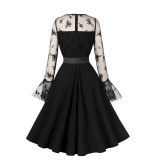 Women's Black Mesh Patchwork Long Sleeve High Waist See-Through Sexy Retro Swing Dress