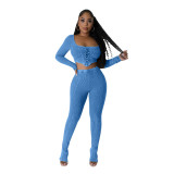 Women's Square Neck Long Sleeve Lace Up Top Sexy Tight Fitting Pencil Pants Fashion Two Piece Set