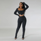 Women's Square Neck Long Sleeve Lace Up Top Sexy Tight Fitting Pencil Pants Fashion Two Piece Set