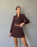 Stylish Casual Suit Slim Fit Chic Short Long Sleeve Blazer High Waist Pleated Miniskirt