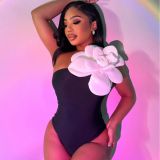 Large Flower Decorated One-Piece Swimsuit White Solid Color Sexy One-Piece Swimwear