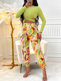 Sexy Women's Casual Printed Round Neck Long Sleeve Top Printed Pants Set For Women