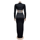 Fashionable Women's Solid Color See-Through Mesh Long Sleeve Maxi Dress