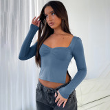 Women's Autumn Solid Color Square Neck Long Sleeve Gathered Side Slit T-Shirt Top For Women