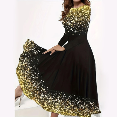 Autumn And Winter Christmas Snowflake Print Round Neck A-Line Swing Dress For Women