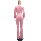 Women's Solid Color Velvet Long Sleeve Sexy Zipper Crop Top Pants Casual Sports Two Piece Set
