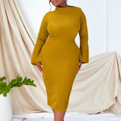 Women's Fashion Chic Elegant Long Sleeve Slash Shoulder Bodycon Stretch Pencil African Dress