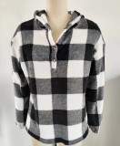 Autumn And Winter Plaid Button Hooded Loose Casual Hoodies Women's Clothing