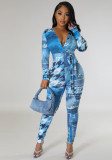 Women's Fashion Casual Print Tight Fitting Deep V Belt Long Sleeve Jumpsuit