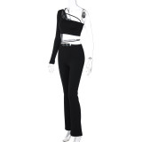Autumn Crop Lace Up One Shoulder Long Sleeve Top Pants Fashion Casual Set For Women