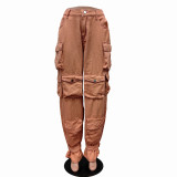 Denim Cargo Pants Casual Multi-Pocket Solid Color Straight Denim Trousers